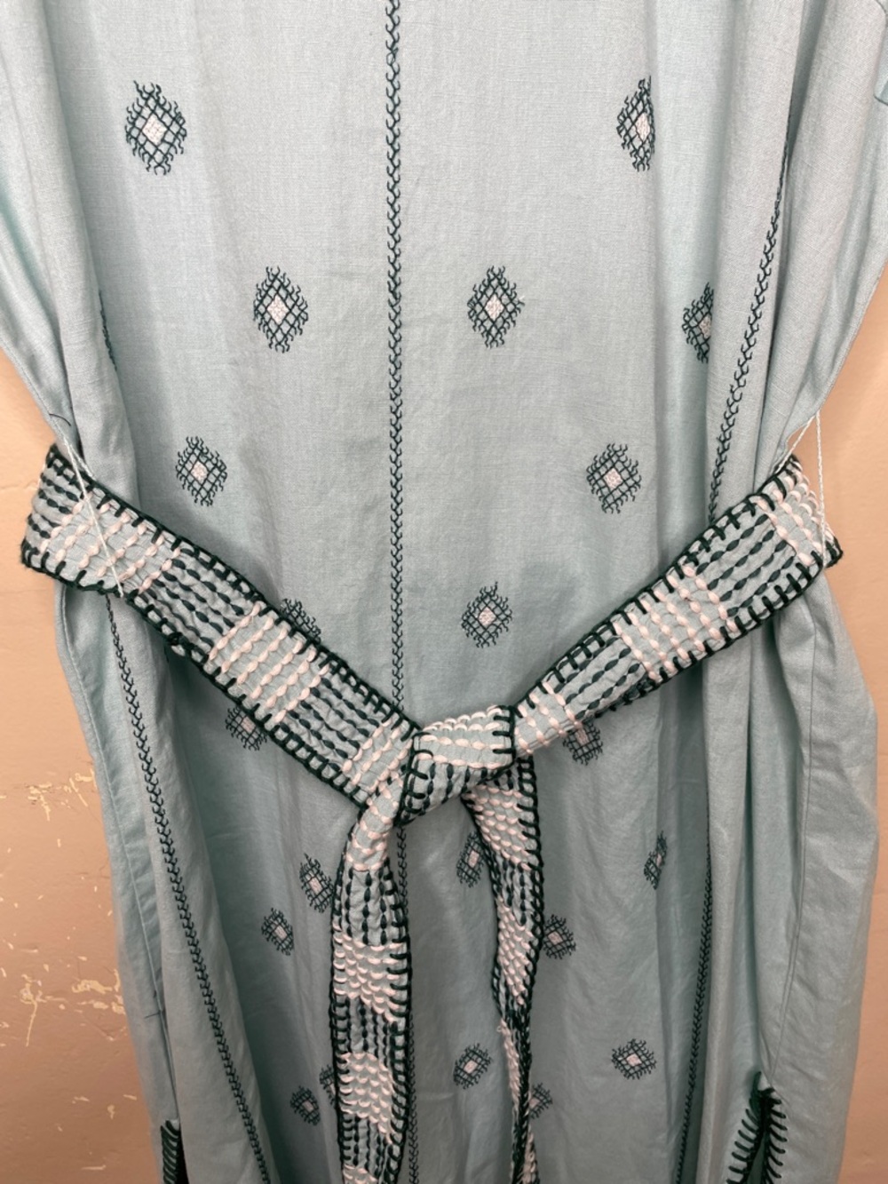 ZARA Blue Green Bloggers Fav Embroidered Linen Caftan Tunic Belted Dress NWT Lg - Picture 6 of 16